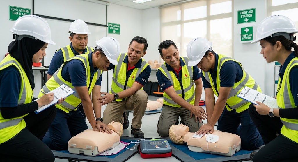 First aider training Malaysia with CPR and AED practical session